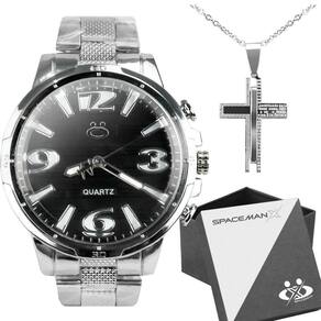 Relogio masculino aço inox + cordão pingente cruz + caixa