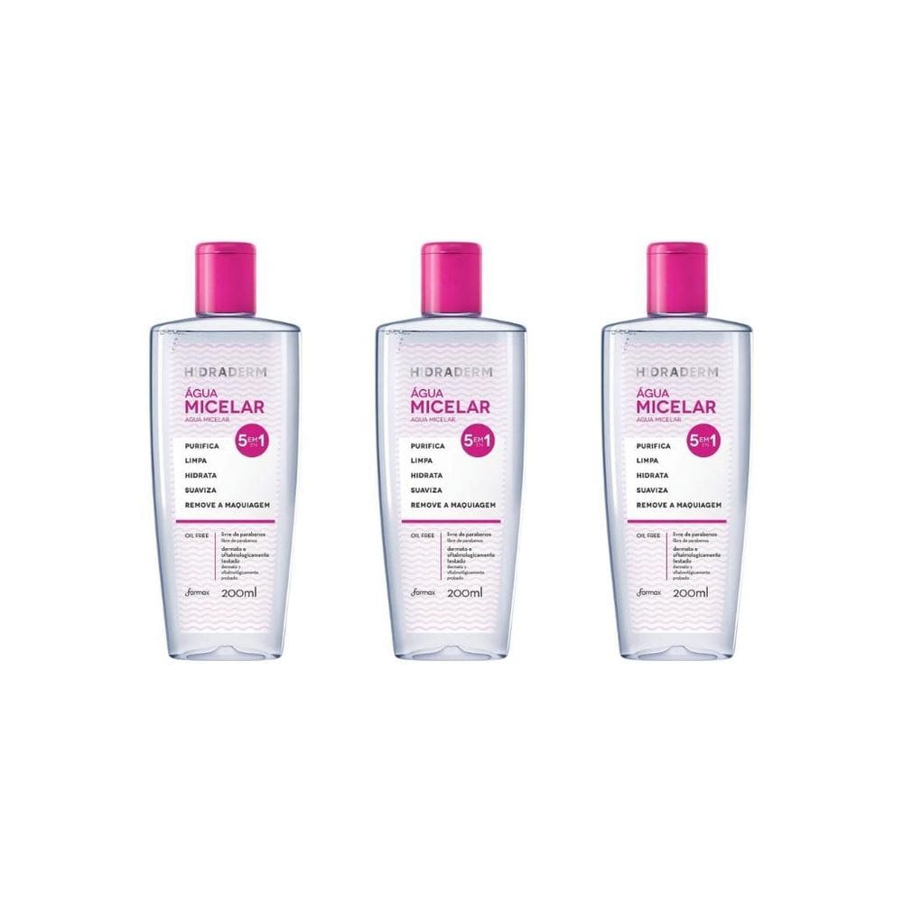 Agua Micelar Hidraderm 200Ml Solução Limpeza 5Em1-Kit C/3Un
