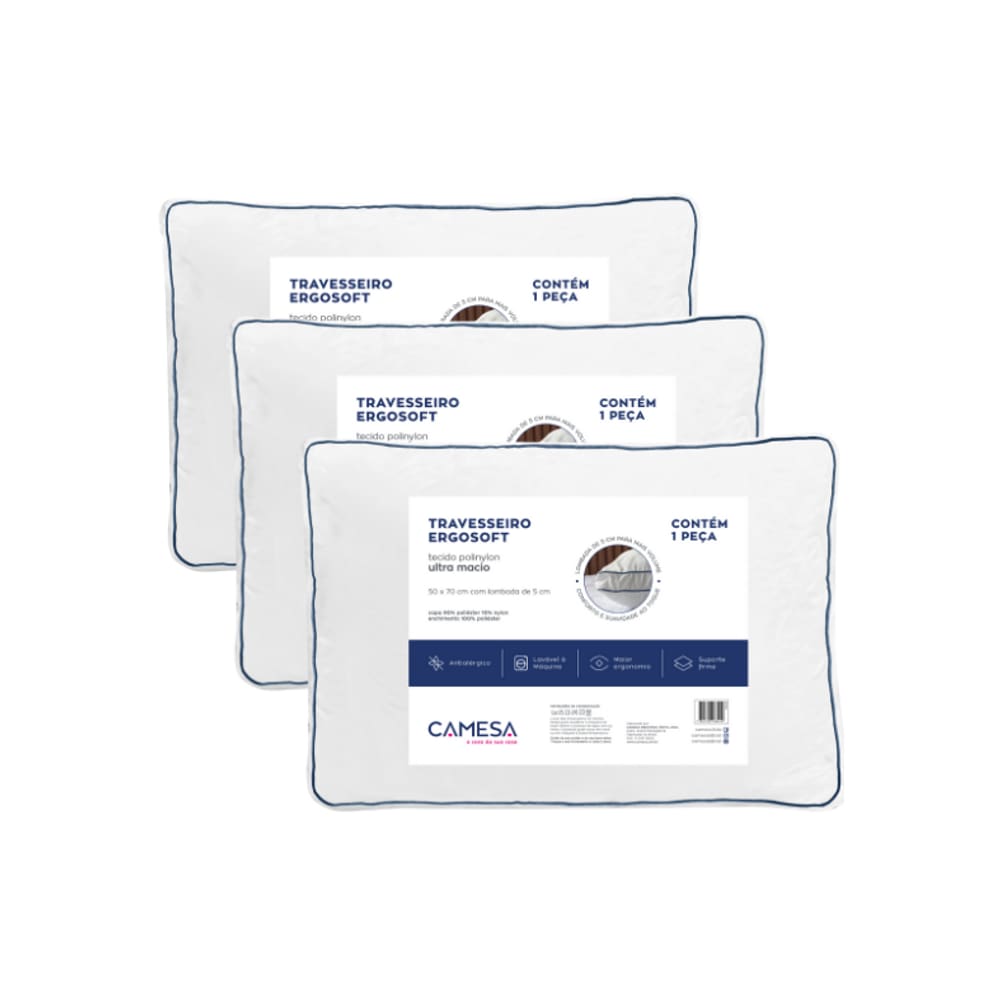 Kit 3 Travesseiros Camesa Ergosoft Hotel Ultra Macio 50x70cm