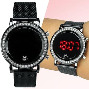 Relogio Feminino Digital Strass Preto Led Aço Redondo Casual