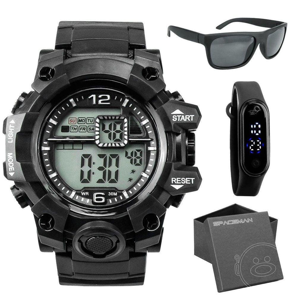 Relogio Masculino Preto + Oculos Sol Protecao Uv + Caixa