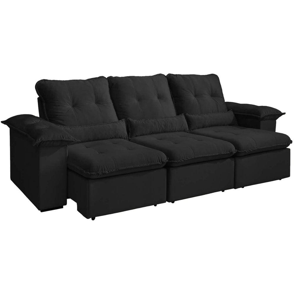 Sofá Arsenal 5 Lugares Retrátil e Reclinável 270cm 3 Módulos Tecido Veludo Aifos Cor Preto