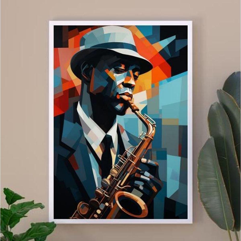 Quadro Músico Jazz - Pintura Geométrica 33X24Cm - Com Vidro