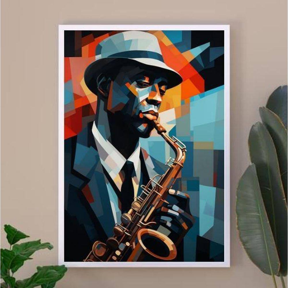 Quadro Músico Jazz - Pintura Geométrica 33X24Cm - Com Vidro