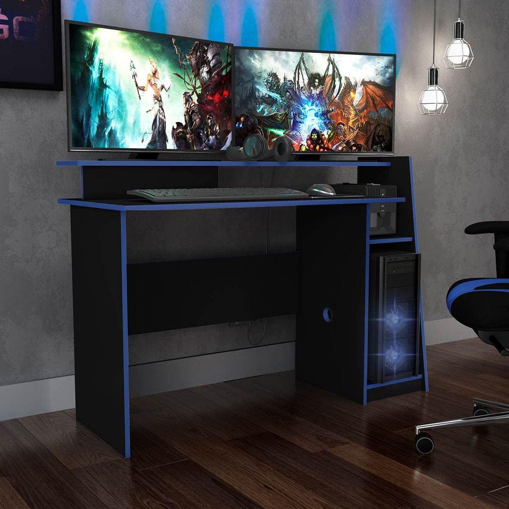 Mesa Escrivaninha Gamer 130cm para PC Preto Azul Evolution Móvel Bento