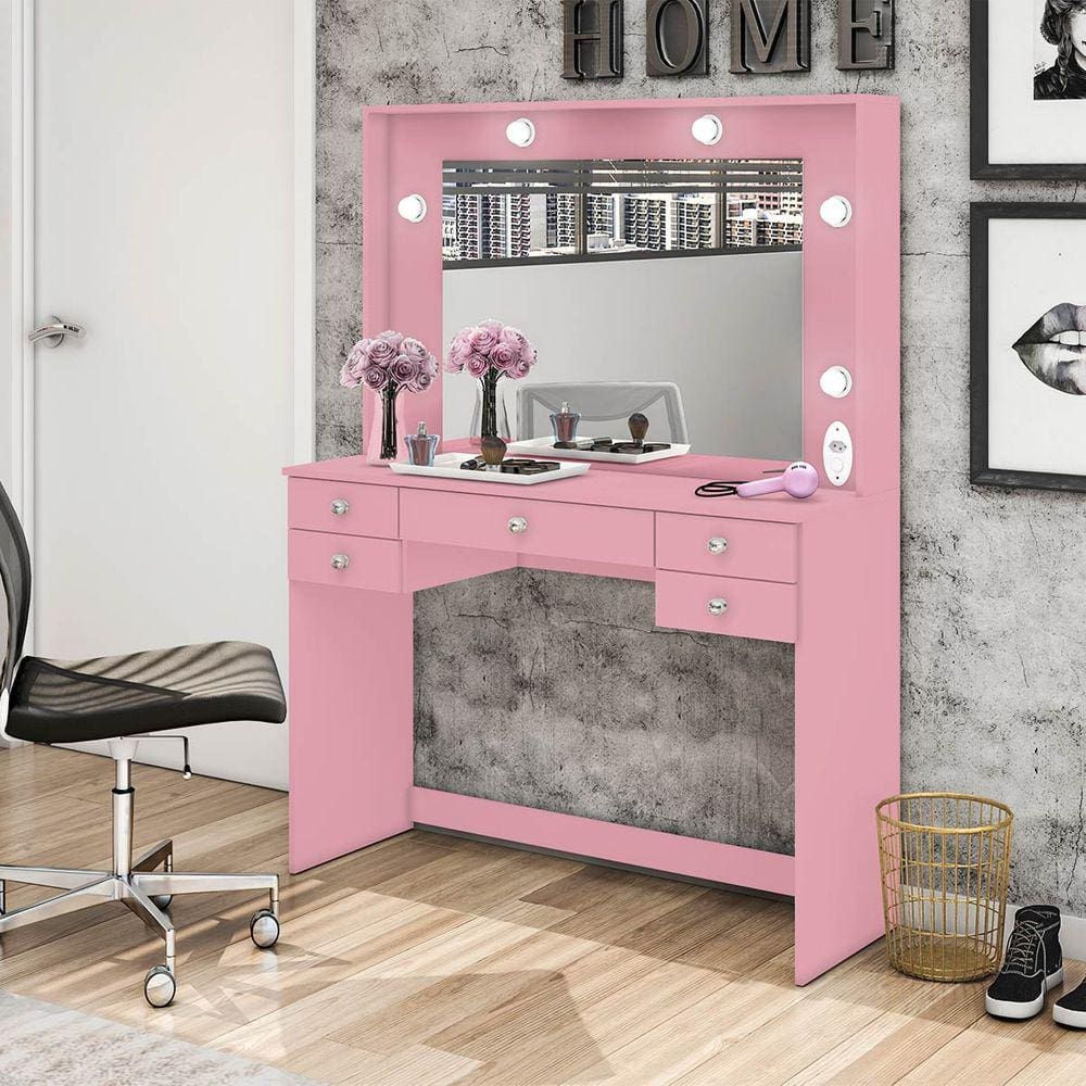 Penteadeira Camarim 5 Gavetas com Espelho 117 Cm Rosa Móvel Bento