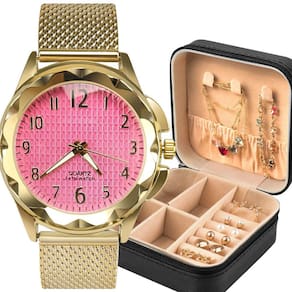 Relogio dourado banhado + pulseira + colar + brincos prova dagua fundo rosa qualidade premium casual