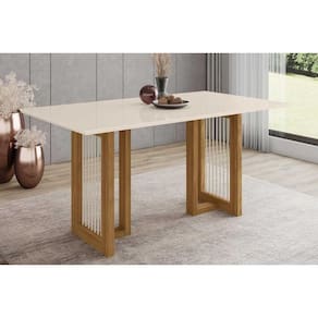 Mesa Para Cozinha Yara Sc80 C-tampo Madeirado Vidro Reto 160x90cm Nature-off White - Henn