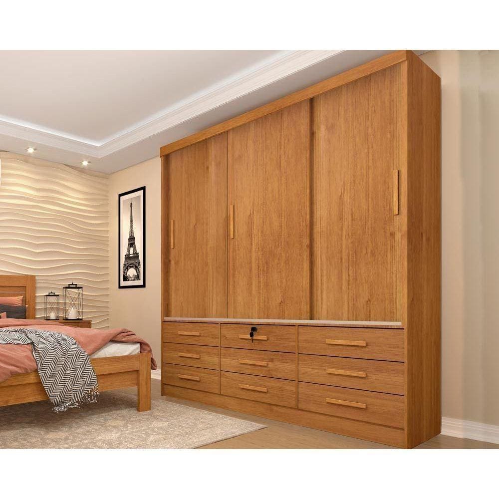 Guarda Roupa Casal 3 Portas De Correr E 9 Gavetas Chicago Cinamomo - Tcil Móveis