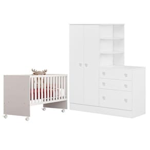 Berço Nacional 3540 e Guarda Roupa com Cômoda 4070 Doce Sonho Branco Brilho - Qmovi