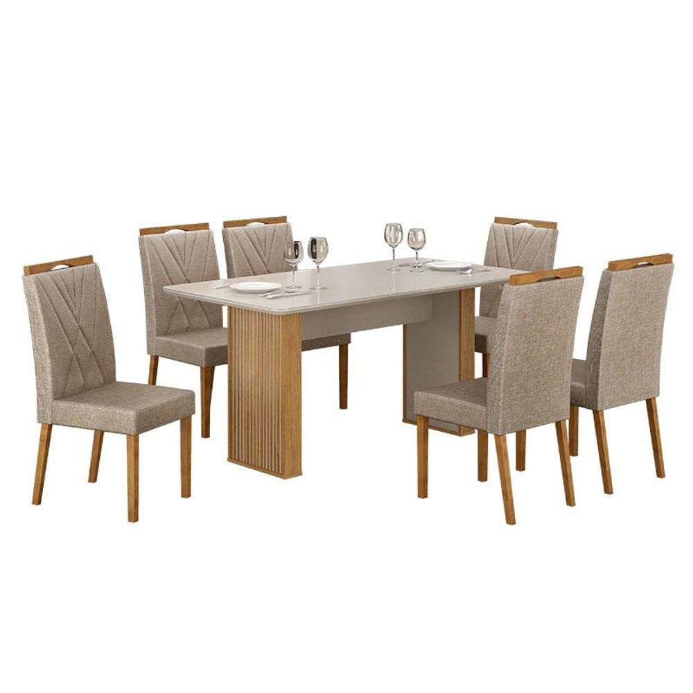 Mesa de Jantar Júlia 160x80cm Cinamomo Off White com 6 Cadeiras Lara Linho Bege - Valdemóveis