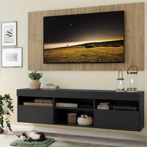 Rack com Painel e Suporte para TV até 65" Suspenso com 2 Portas Londres Multimóveis Preto/Rustic