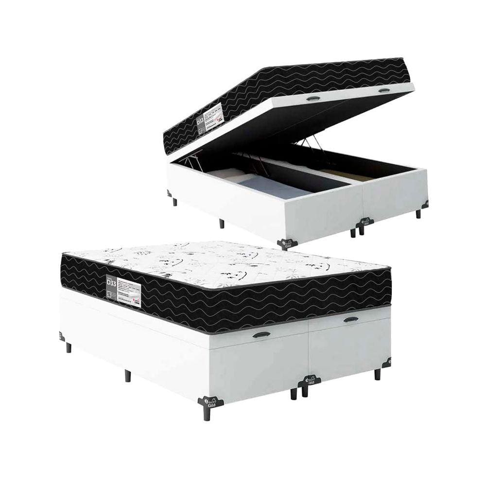 Cama Box Baú Queen Bipartido + Colchão D33 One Face - 61x158x198cm - Couro Branco