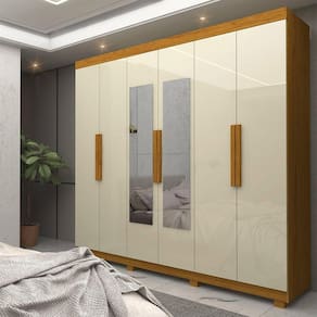 Guarda-roupa Casal 6 Portas com Espelho com Pés Império Naturale/Off White