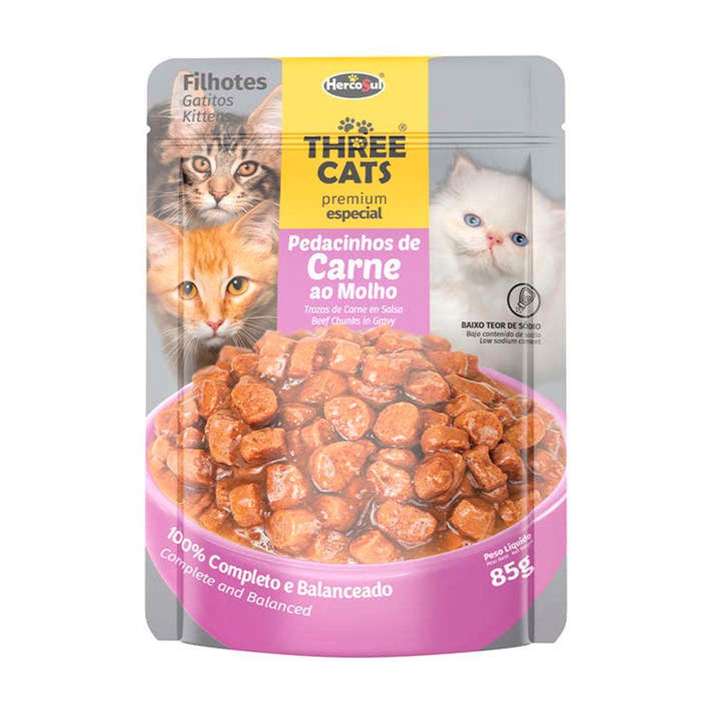 Ração Úmida Three Cats Filhotes Carne Sachê 85g