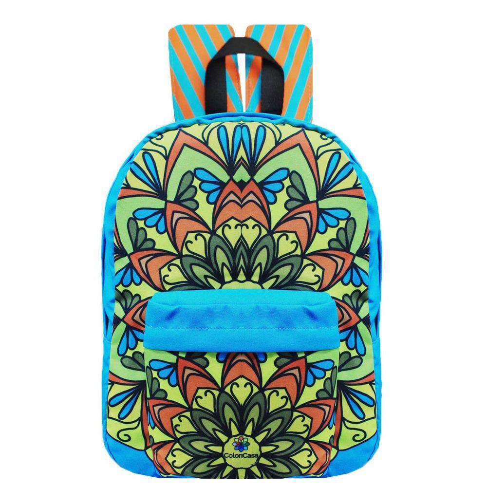 Mochila Juvenil Escolar Feminina TURQUESA Mandala Liberdade Impermeável Costas Floral Poliester Média COLORICASA