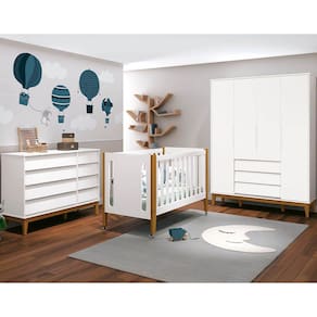Kit Quarto Infantil Branco Fosco - Berço Tom + Guarda-Roupa Noah + Cômoda Noah