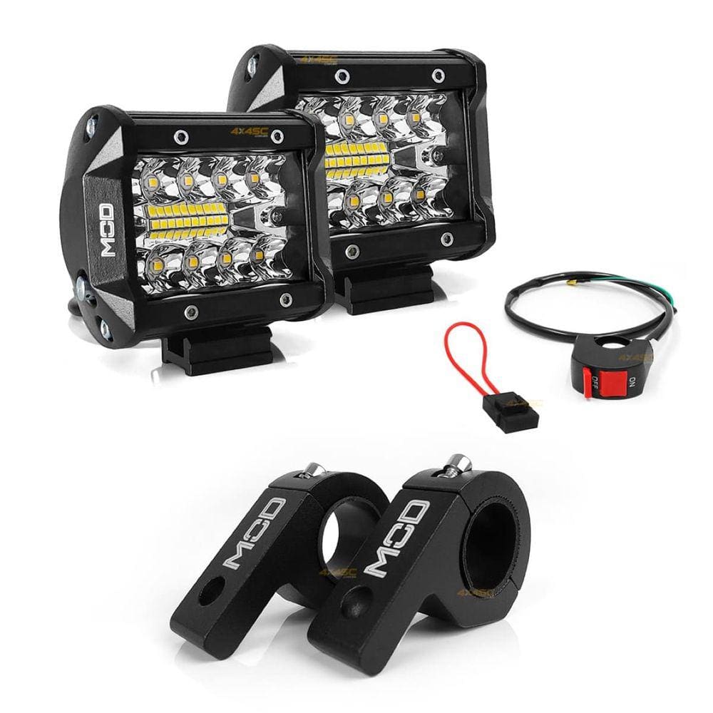 Farol Milha LED Auxiliar Mod LEDs 60W Lente 8D 6500K Spot e Flood 9,5cm Par c Suporte Abraçadeira e Interruptor Guidão