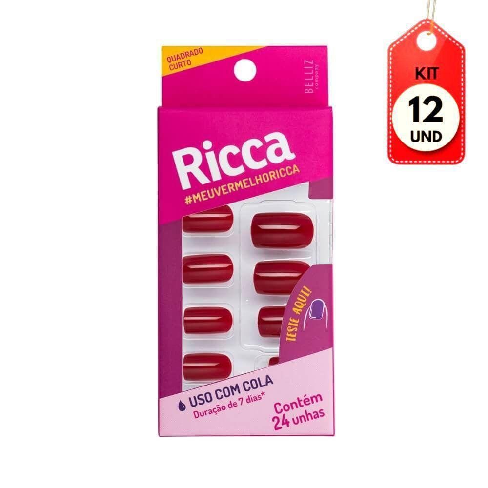 Kit C/12 Ricca Unhas Postiças Vermelho Bordo Sem Cola C/24