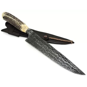 Faca Aço Damasco Cabo Chifre Cervo c/ Bainha Lâm. - 23 cm.