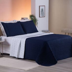 Cobre Leito Queen Cristal Percal 200 Fios Bordado 3 Peças - Azul Marinho