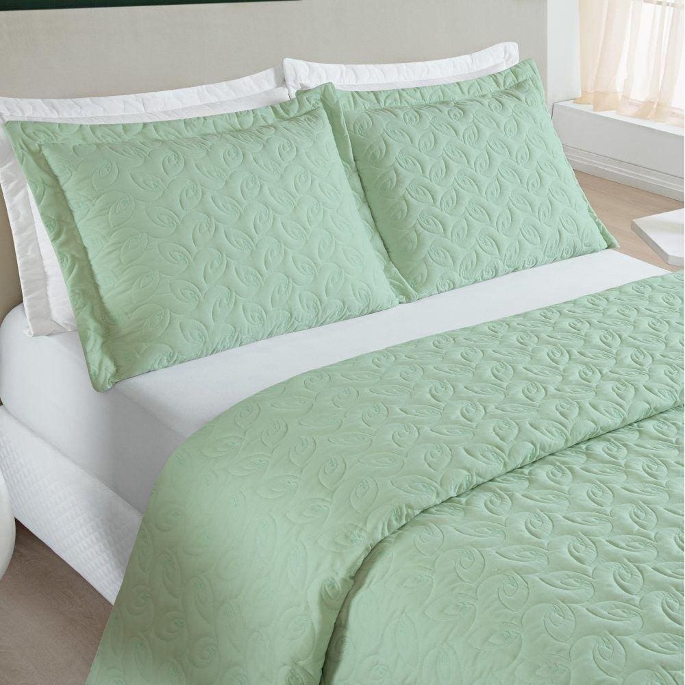 Cobre Leito Queen Agata Bordado Micropercal 200 Fios 3 Peças - Verde