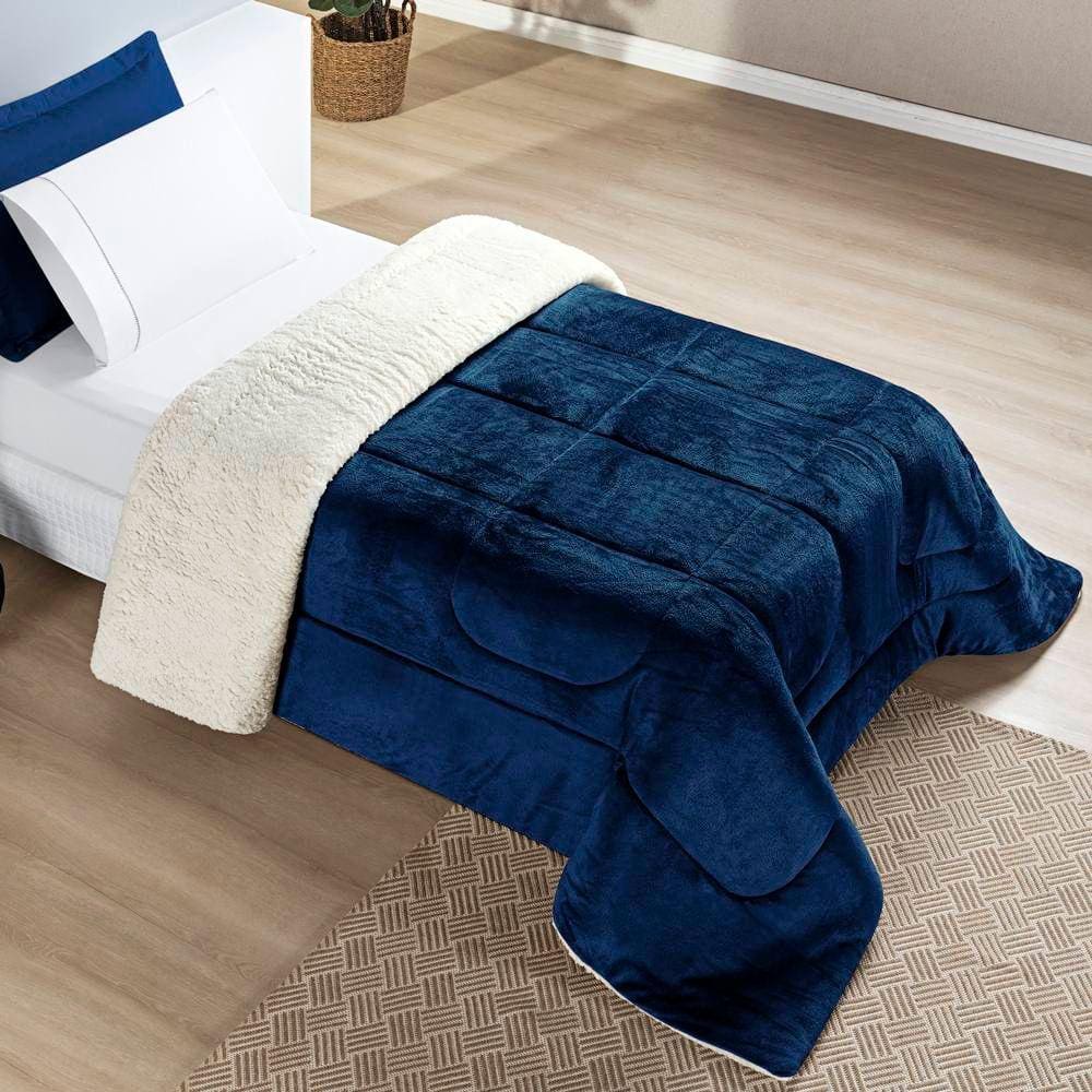 Edredom Solteiro Coberdrom Sherpa/Mantinha Everest 1 Peça - Marinho