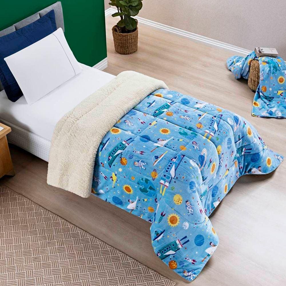 Edredom Solteiro Coberdrom Kids Sherpa/Mantinha 1 Peça - Astronauta