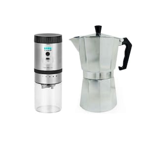Kit Cafeteira Italiana de Alumínio de 9 Xícaras 450ML e Moedor de Grãos de Café Elétrico Carregamento USB