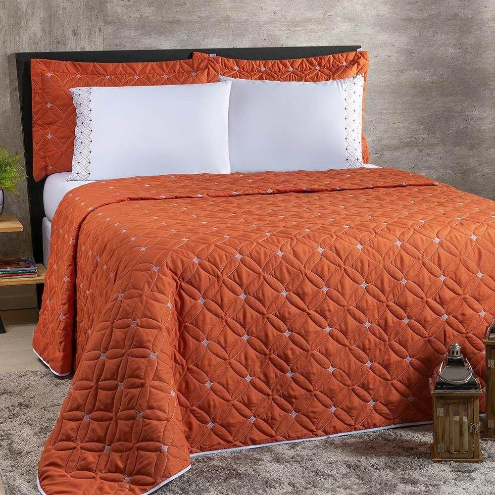 Cobre Leito Casal Padrão Ideale 200 Fios Bordado 6 Peças - Terracota