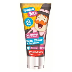 Creme Dental PowerDent Sem Flúor com Xilitol Mundo Bita Morango 100g