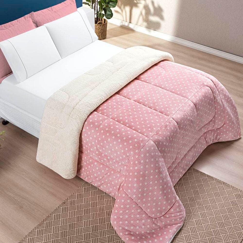 Edredom Casal Padrão Coberdrom Sherpa/Mantinha Petit Poa 1 Peça - Rosa