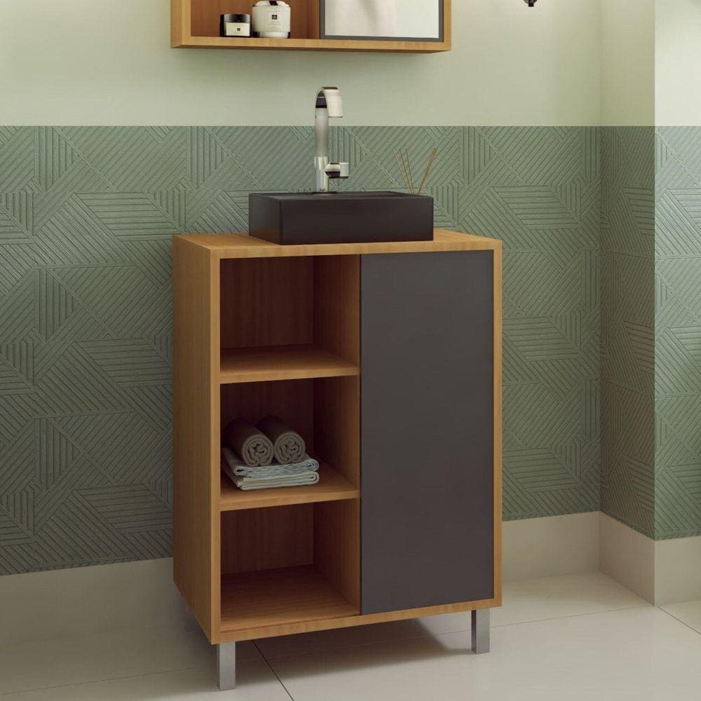 Gabinete de Banheiro 60cm Julia com 1 Porta de Correr e Cuba Preta Mel/Grafite