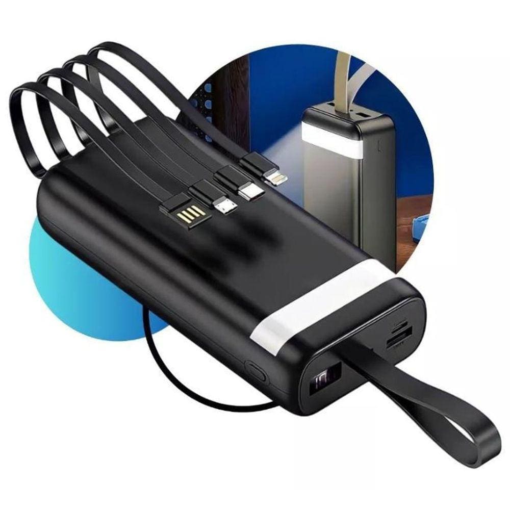 Carregador Portátil 20000Mah Com Cabos Embutidos  Preto