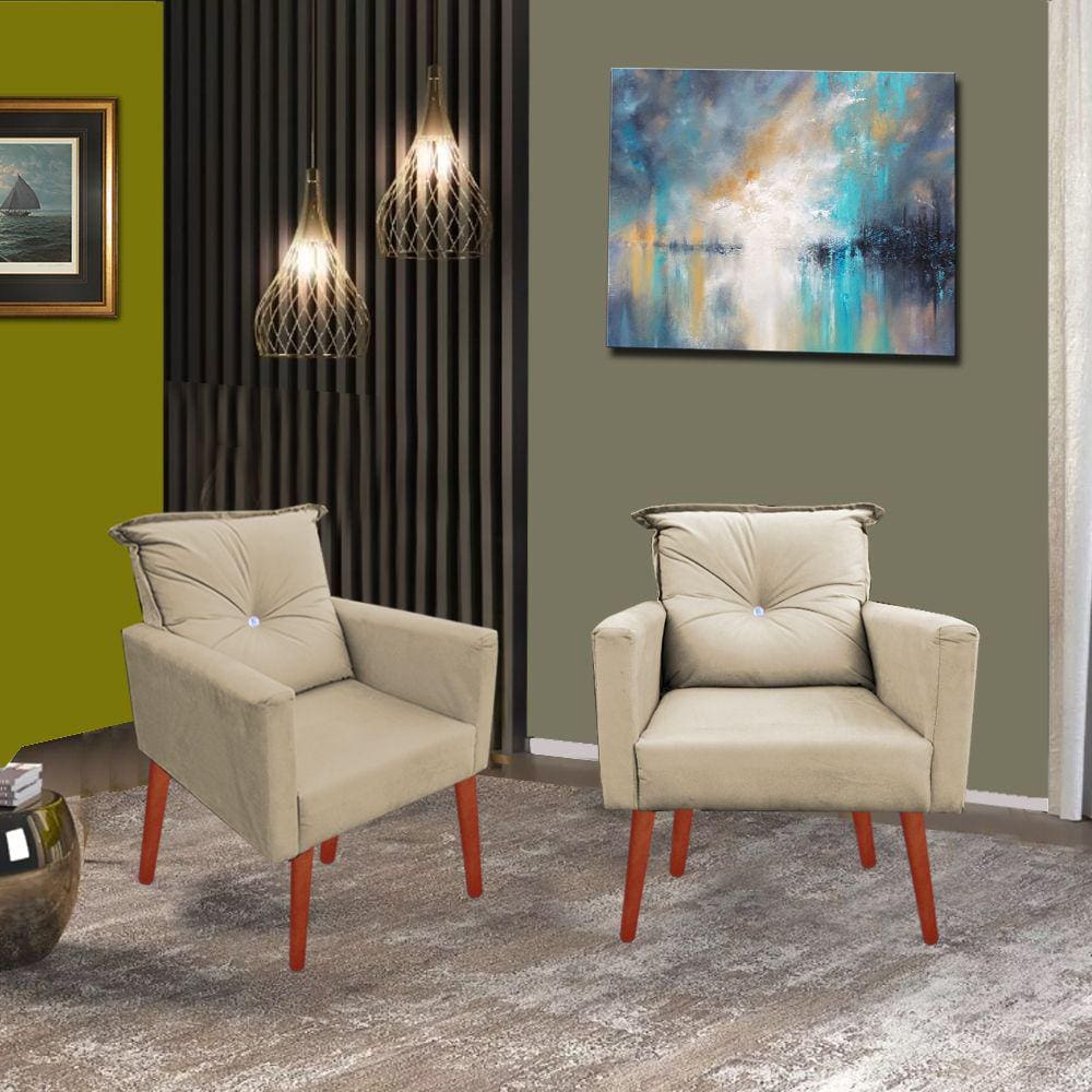 Kit 02 Poltronas Lara Decorativa Palito Luxo Tecido Capuccino