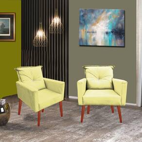 Kit 02 Poltronas Lara Decorativa Palito Luxo Tecido Amarelo