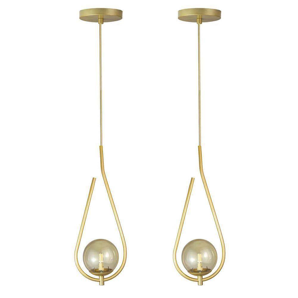 Kit 2 Pendente Lustre On Drop Dourado Globo De Vidro Ambar