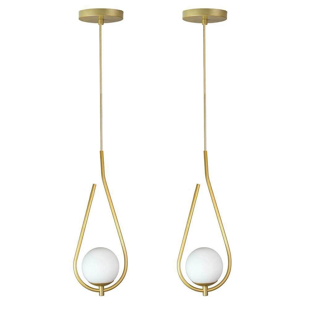 Kit 2 Pendentes Lustres On Drop Dourado Globo De Vidro Branco