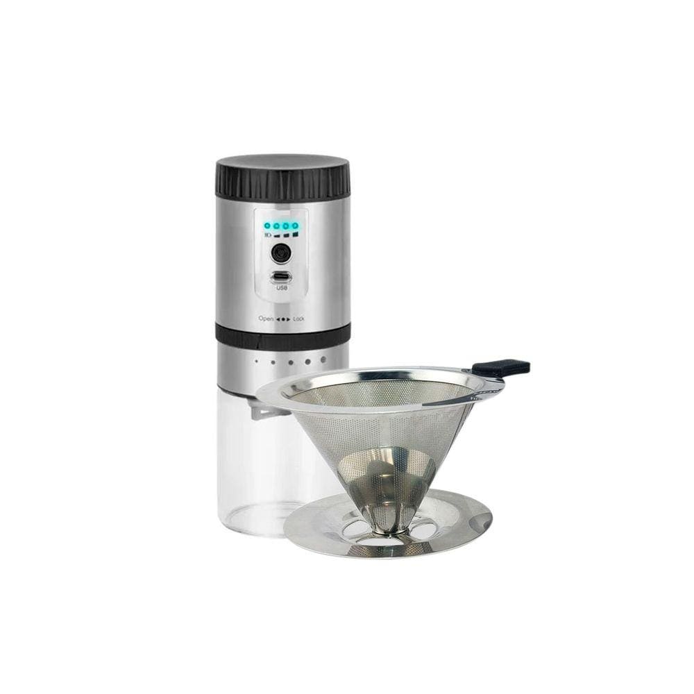 Kit Moedor de Café Elétrico a Bateria Recarregável USB e Coador Reutilizável Inox