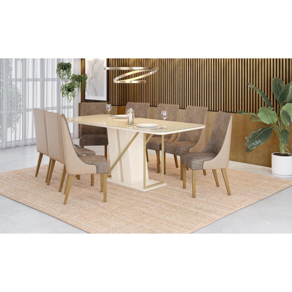 Mesa de Jantar Andy 200 C. Vidro 8 Cad. Ivy Bege/Cacau - Henn