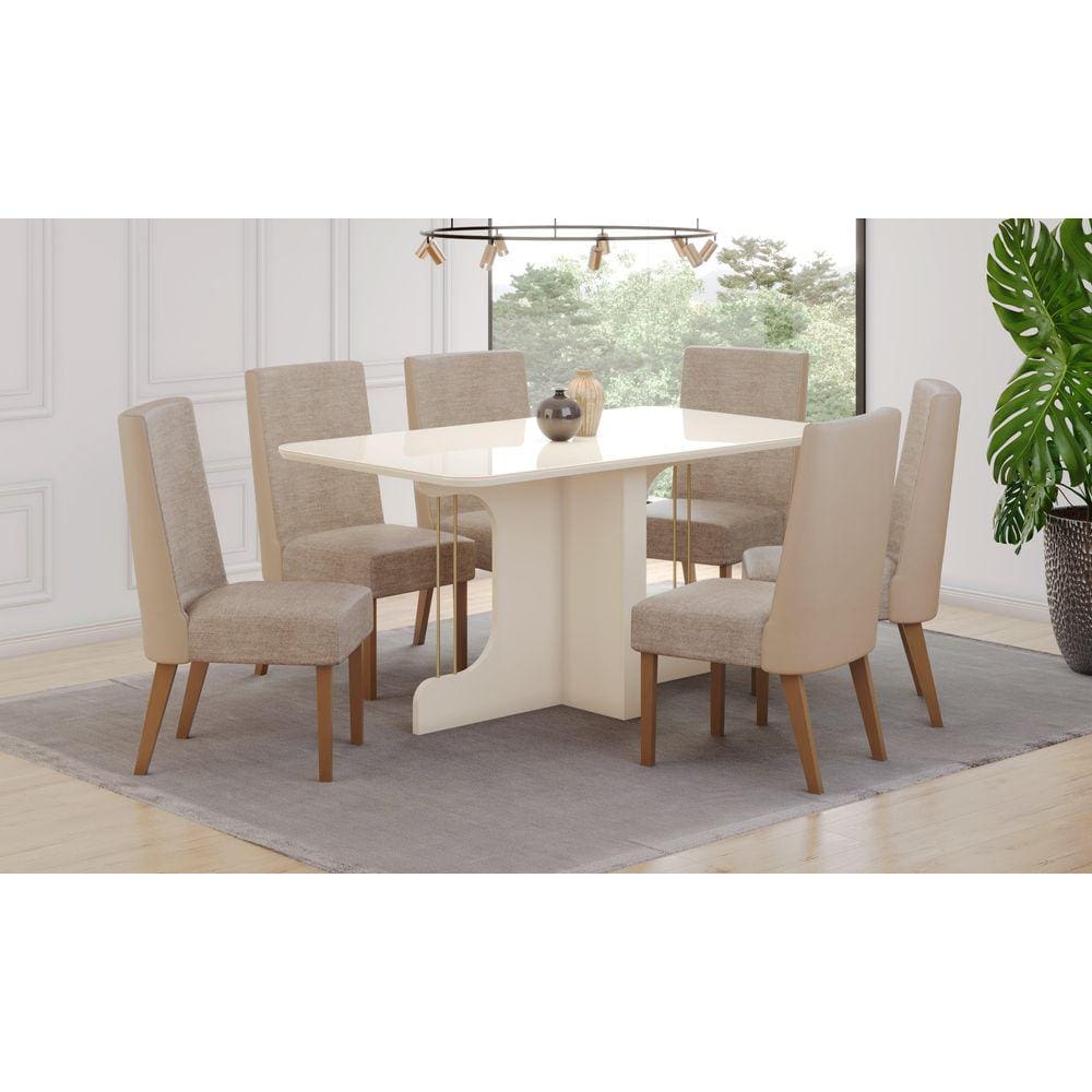 Mesa de Jantar Mavi 160 C. Vidro 6 Cad. Anne Bege/Creme - Henn