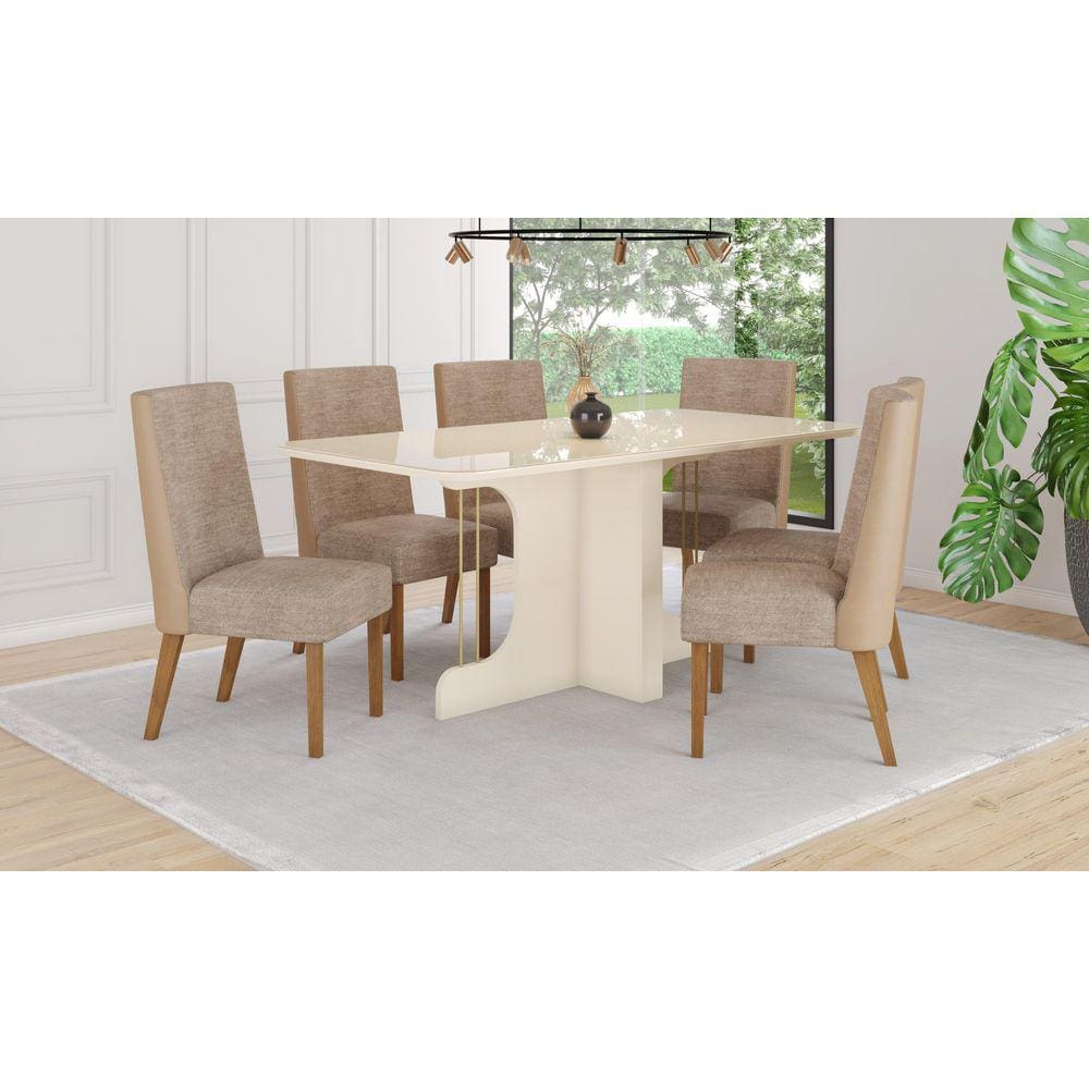 Mesa de Jantar Mavi 180 C. Vidro 6 Cad. Anne Bege/Creme - Henn