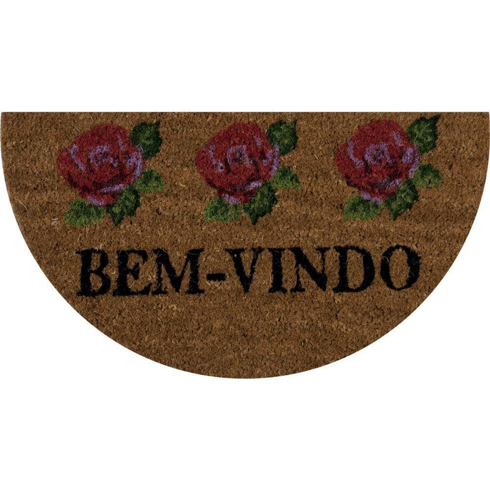 Capacho porta De Coco Meia Lua Vizapi Natural 33X60Cm Rosas Bem_Vindo