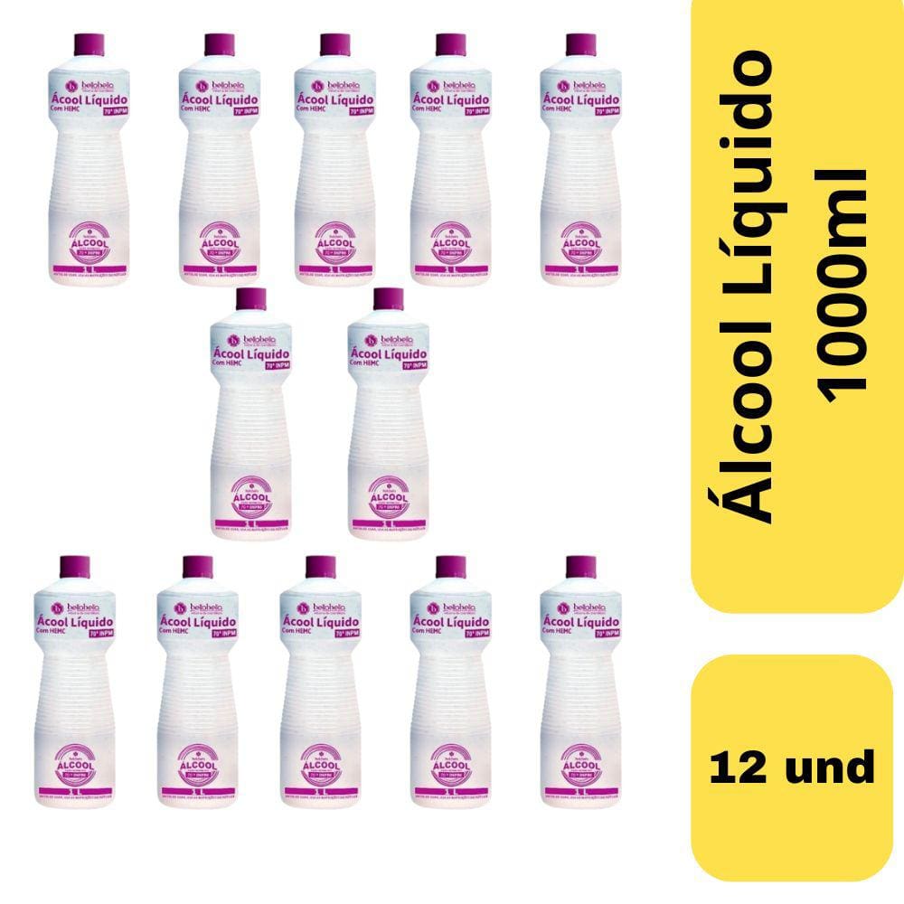 Álcool Líquido 70° 1 Litro - Bellobella: Proteção e Segurança ao Seu Alcance! KIT COM 12 UNIDADES
