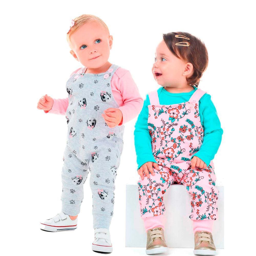 conjunto bebê de inverno Menina jardineira longa em moletom Felpudo com body kit 4 Peças