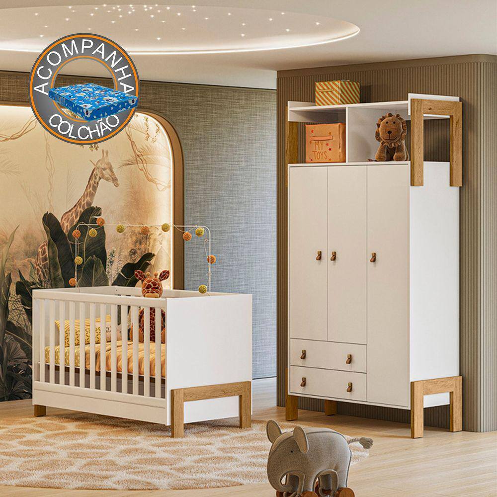 Quarto de Bebê Fantasia com Roupeiro 4375 e Berço 4300 Qmovi Branco Acetinado + Colchão Ortobom
