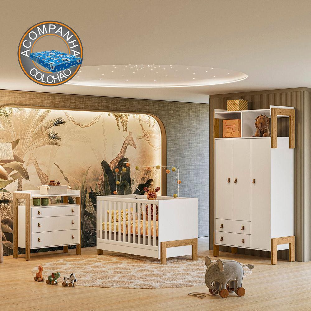 Quarto de Bebê Fantasia Completo Qmovi Branco Acetinado + Colchão Ortobom