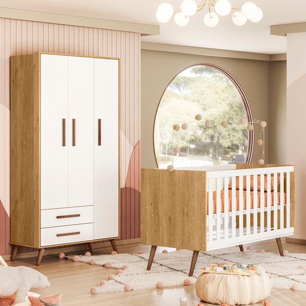 Quarto de Bebê com Berço Americano 3820 e Roupeiro 3830 Qencanto Retrô Qmovi Freijó Branco Acetinado