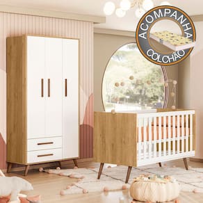 Quarto de Bebê com Berço Americano 3820 e Roupeiro 3830 Qencanto Retrô Qmovi Freijó Branco Acetinado + Colchão Gazin