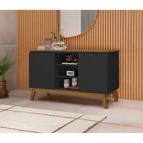 Aparador Buffet Sala Linhares 120cm com Pés de Madeira Preto com Nature - Rede Móveis